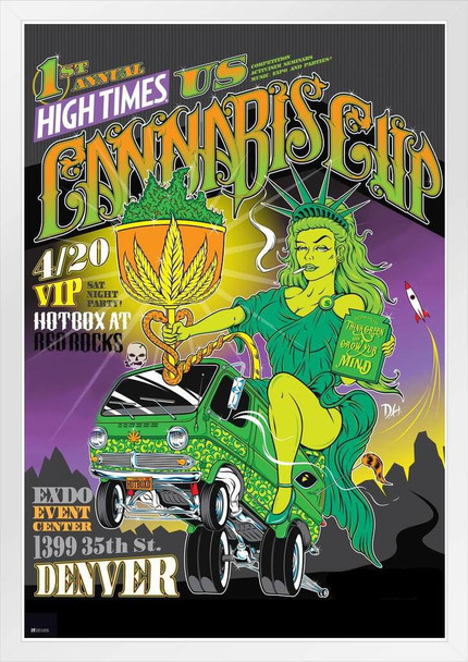 High Times Magazine Cannabis Cup Denver Poster Weed Marijuana Accessories Hippie Stuff Trippy Room Signs Hippy Art Style Stoner Event Smoking Bedroom Basement White Wood Framed Poster 24x18