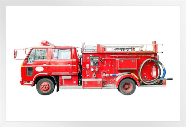 Fire Truck Vintage Pumper Truck Red Engine Emergency Services Rescue Vehicle Photo White Wood Framed Poster 20x14