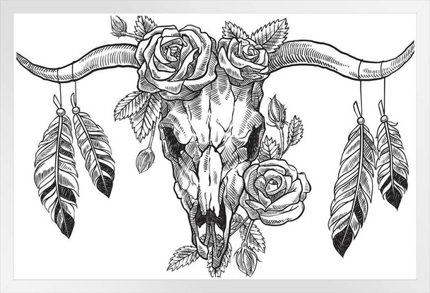 Bull Skull With Roses and Feathers Bull Pictures Wall Decor Longhorn Picture Longhorn Wall Decor Bull Picture of a Cow Skull Picture Bull Horns for Wall White Wood Framed Poster 14x20