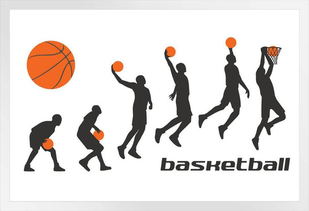 Basketball Player Silhouettes Dunking Evolution Style White Wood Framed Poster 20x14