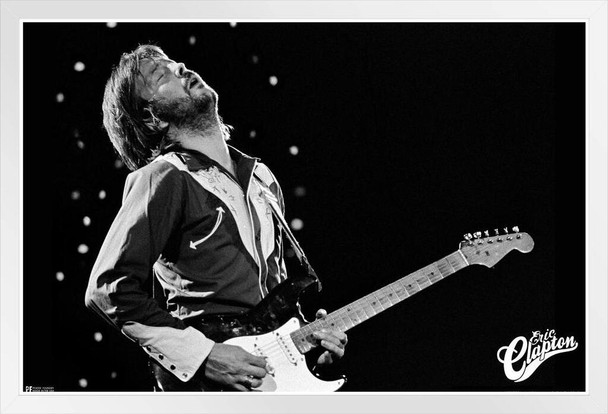 Eric Clapton Poster Vintage Wall Art Retro Love Songs Rock Music Room Dorm Office Black and White Wall Hanging Photograph Stage Performance Iconic Guitar White Wood Framed Poster 14x20