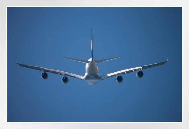 Airbus A380 Flying in Sky Mid Air From Behind Photo Photograph White Wood Framed Poster 20x14