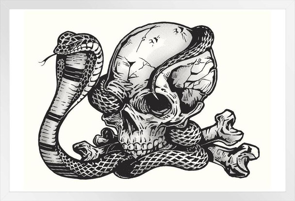 Human Skull Cobra Snake Pen Ink Tattoo Style Etching Artistic Design White Wood Framed Poster 14x20