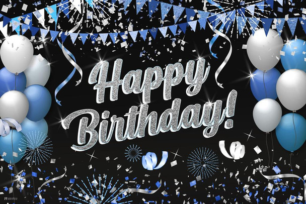Laminated Happy Birthday Party Decorations Banner Blue White Silver Glittery Balloons Photo Booth Backdrop Photography Party Supplies Decor Kids Boys Girls Men Women Poster Dry Erase Sign 16x24