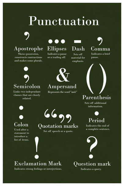 Laminated Punctuation Grammar Writing Chart Poster Green Color English Class Sign Diagram Classroom Educational Poster Dry Erase Sign 16x24