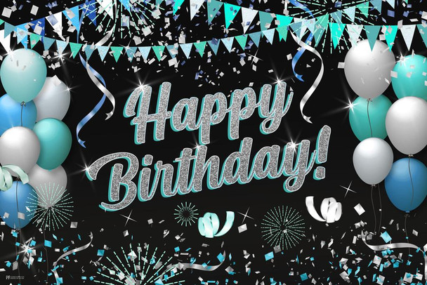Happy Birthday Party Decorations Banner Teal Blue Silver Glittery Balloons Photo Booth Backdrop Photography Party Supplies Decor Kids Boys Girls Men Women Thick Paper Sign Print Picture 8x12