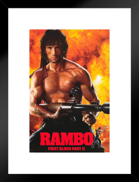 Rambo First Blood Part 2 II Retro Vintage 80s Movie Theater Decor Memorabilia Action Film Sylvester Stallone Series Collection Classic War Matted Framed Wall Decor Art Print 20x26