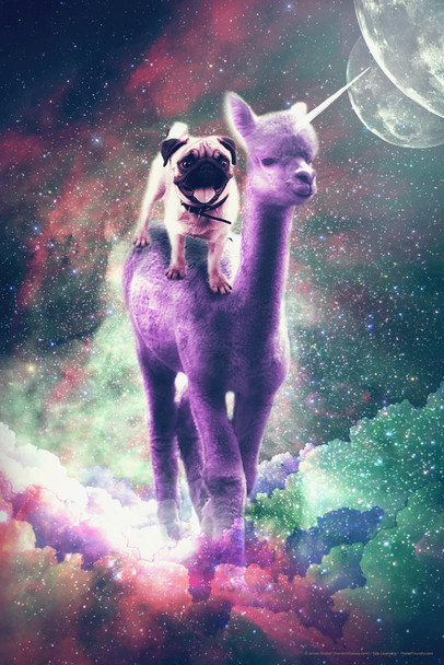 Pug Dog Riding Purple Alpaca Unicorn In Outer Space Random Galaxy Funny Cute Awesome Epic Fantasy Parody Thick Paper Sign Print Picture 8x12