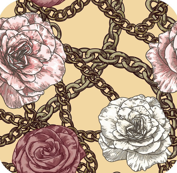 80s Retro Baroque Gold Chain With Roses Cream Premium Drink Coaster Resin With Cork Backing