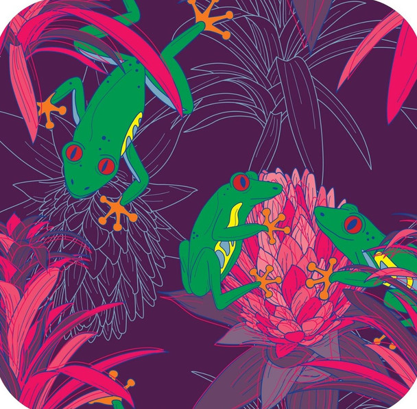 70s Retro Style Bright Tree Frog Floral Trippy Bromeliad Purple Premium Drink Coaster Resin With Cork Backing