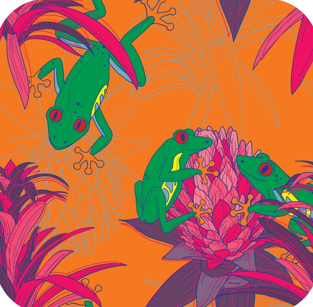 70s Retro Style Bright Tree Frog Floral Trippy Bromeliad Orange Premium Drink Coaster Resin With Cork Backing