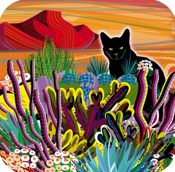 Black Cat In Fantasy Dessert Scene Premium Drink Coaster Resin With Cork Backing