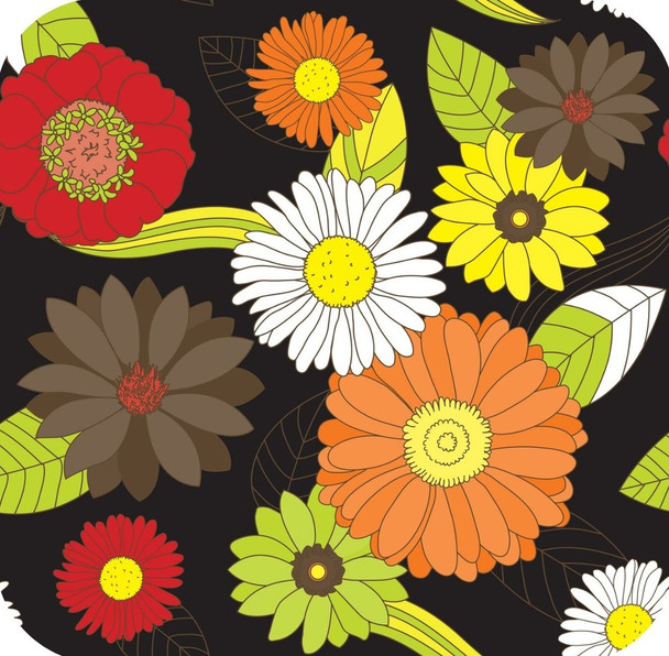 Groovy Retro 1970s Daisies Floral Black Premium Drink Coaster Resin With Cork Backing