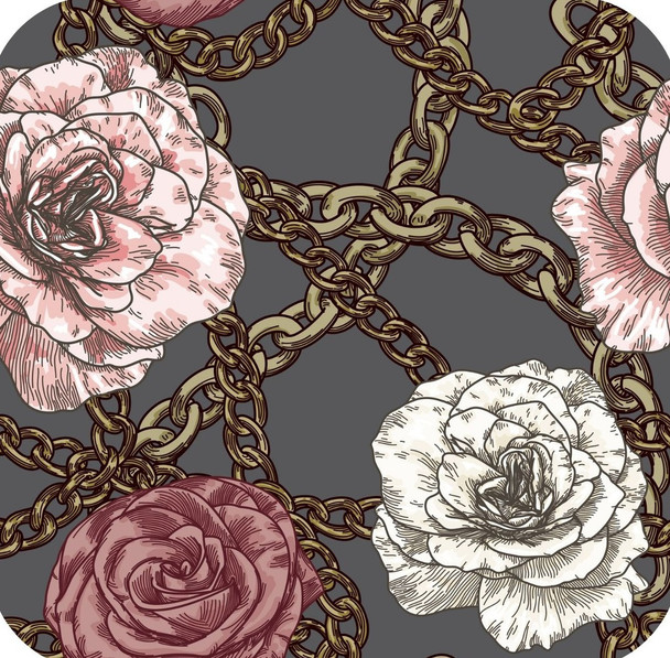 80s Retro Baroque Gold Chain With Roses Grey Premium Drink Coaster Resin With Cork Backing