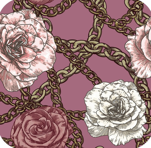 80s Retro Baroque Gold Chain With Roses Pink Premium Drink Coaster Resin With Cork Backing