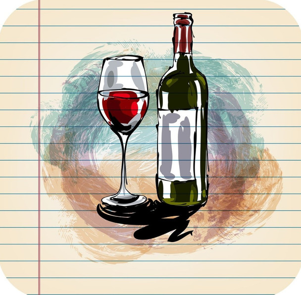 Wine Bottle And Glass Drawing On Ruled Paper Premium Drink Coaster Resin With Cork Backing