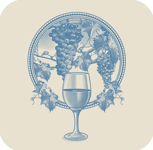 Vineyard Grapes And Wine Glass Circle Frame Bone Premium Drink Coaster Resin With Cork Backing