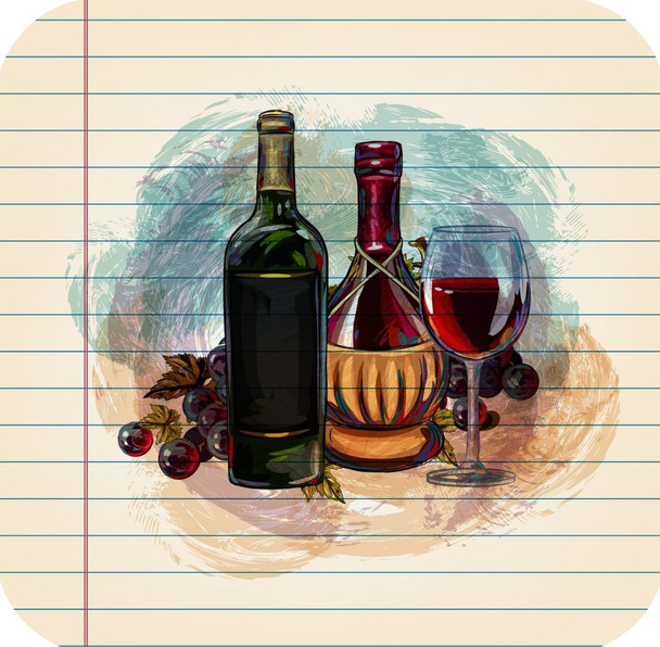 Grapes And Two Wine Bottles Drawing On Ruled Paper Premium Drink Coaster Resin With Cork Backing