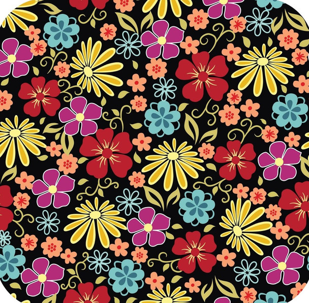 BOHO Bohemian Floral Flower Pattern Black Multi Premium Drink Coaster Resin With Cork Backing
