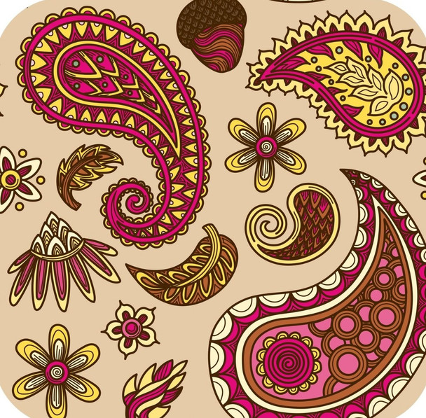 Hippie Paisley Fuchsia Yellow and Brown Premium Drink Coaster Resin With Cork Backing