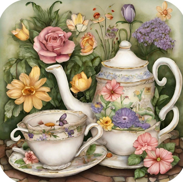 Floral Tea Pot And Matching Teacup Sitting On Tile Table Surrounded By Flowers Premium Drink Coaster Resin With Cork Backing
