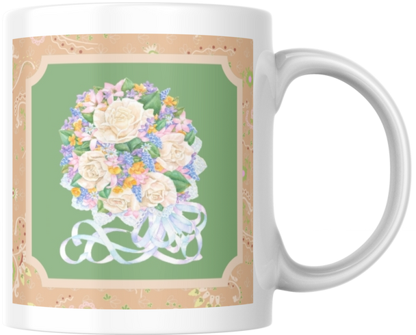Carols Rose Garden Watercolor Bridal Wedding Rose Ribbon Bouquet Flower Ceramic Coffee Mug Tea Cup Fun Novelty Gift 12 oz