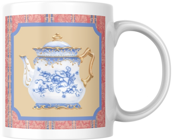 Carols Rose Garden Watercolor Blue White Gold Fancy Teapot Ceramic Coffee Mug Tea Cup Fun Novelty Gift 12 oz