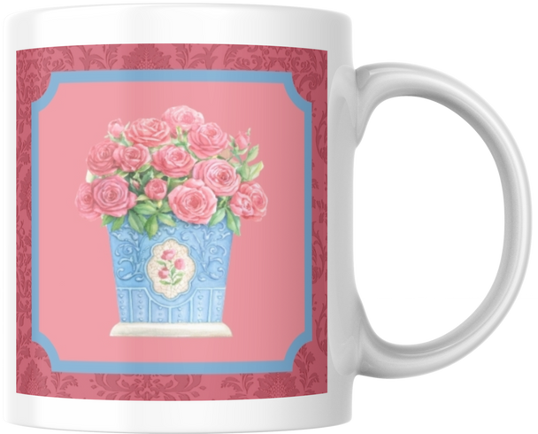 Carols Rose Garden Watercolor Pink Rose Blue Vase Flower Ceramic Coffee Mug Tea Cup Fun Novelty Gift 12 oz