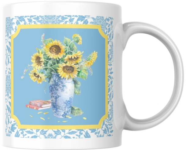 Carols Rose Garden Watercolor Sunflower Blue Vase Flower Ceramic Coffee Mug Tea Cup Fun Novelty Gift 12 oz