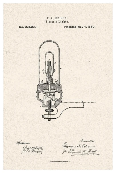 Thomas Edison Electric Light Bulb 1880 Official Patent Tan Color Blueprint Diagram Filament Bulb Science Engineering Math Educational Sign Decoration Cool Wall Art Print Poster 24x36
