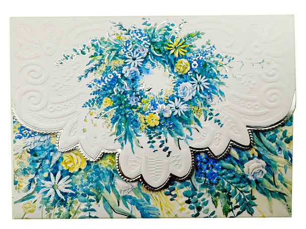 SET OF 3 - Blue Wreath Portfolio Boxed Note Cards by Carol Wilson. 10 embossed 4x5 Die-Cut Notecards and Matching Envelopes in Decorative Gift Box with Magnetic Flap. NCP3000