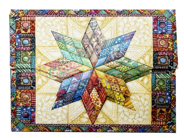 SET OF 3 - Star Quilt Portfolio Boxed Note Cards by Carol Wilson. 10 embossed 4x5 Die-Cut Notecards and Matching Envelopes in Decorative Gift Box with Magnetic Flap. NCP2113