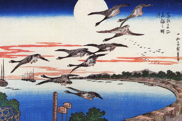 Utagawa Hiroshige Full Moon At Takanawa Japanese Art Poster Traditional Japanese Wall Decor Hiroshige Woodblock Landscape Artwork Animal Nature Asian Print Decor Cool Wall Art Print Poster 36x24