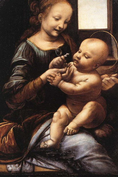 Leonardo Da Vinci Madonna and Child with Flower Fine Art Realism Romantic Artwork Woman Baby Davinci Drawings Portrait Oil Painting Wall Art Renaissance Cool Wall Art Print Poster 24x36