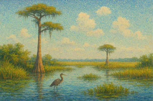 Everglades National Park Pointillist Cypress Trees and Heron Wall Art Print Poster 16x24