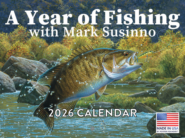 Fishing Calendar 2026 by Mark Susinno Monthly Wall Gifts For Fisherman Calender 12 Month | American Made In The USA