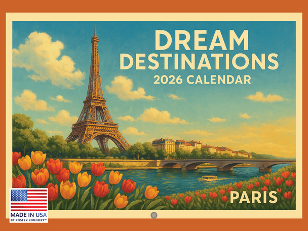 Vintage World Travel Calendar 2026 Monthly Wall Calender 12 Month | American Made In The USA