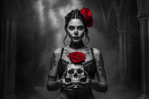 Dark Desires Gothic Woman Holding Skull Day Of Dead with Red Rose Wall Art Print Poster 12x18