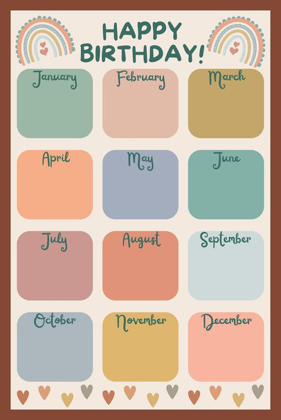 Birthday Chart For Classroom Boho Rainbow Cool Wall Art Print Poster 16x24