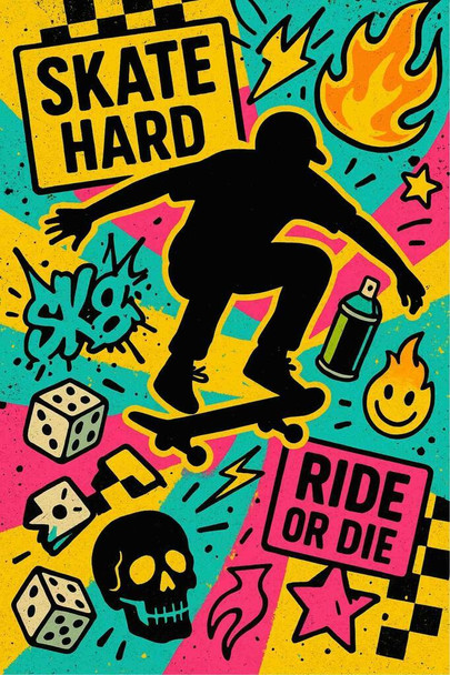 Skate Hard Ride Or Die Graffiti Street Art Cool Wall Art Print Poster 16x24