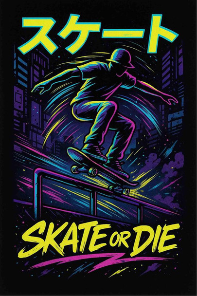 Neon Drift Skater City Lights Skateboard Cool Wall Art Print Poster 12x18