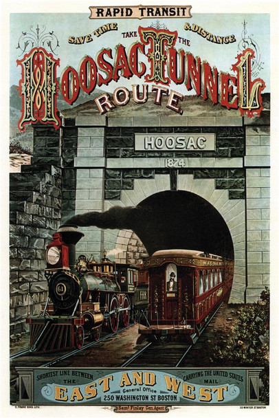 Hoosac Tunnel Route Railway Train Boston 1874 Vintage Cool Wall Art Print Poster 16x24