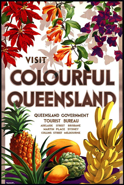 Visit Colorful Queensland Australia Sydney Melbourne Tropical Exotic Vintage Illustration Travel Cool Wall Art Print Poster 16x24