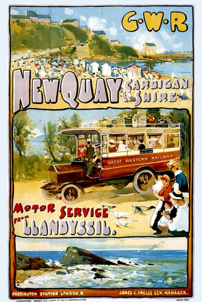England Newquay Cardiganshire Motor Service Summer Vacation Vintage Illustration Travel Cool Wall Art Print Poster 16x24