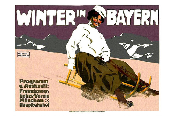 German Winter Bayern Bavaria Skiing Sledding Winter Vintage Illustration Travel Cool Wall Art Print Poster 16x24