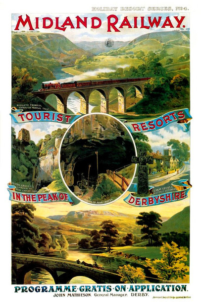 Midland Railway Visit Derbyshire England Railroad Tourist Resorts Vintage Illustration Travel Cool Wall Art Print Poster 16x24