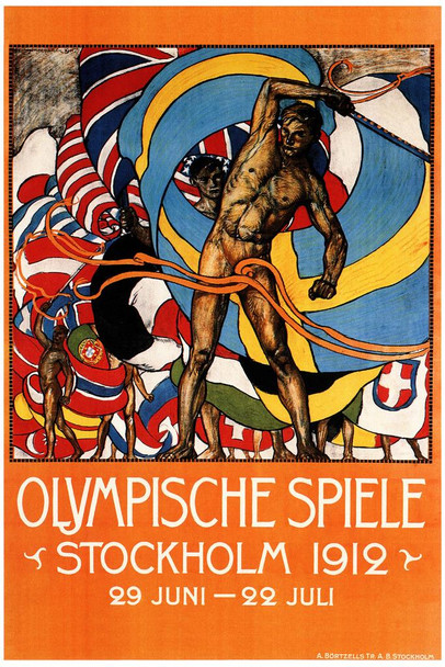 Olympische Spiele Olympics Stockholm Sweden 1912 Country Flags Around World Nations Athletes Vintage Illustration Travel Cool Wall Art Print Poster 16x24