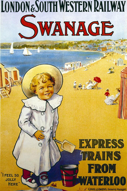 Laminated England Swanage London South Western Railway Express Waterloo Trains Kids Summer Beach Vacation Vintage Illustration Travel Poster Dry Erase Wall Art 12x18