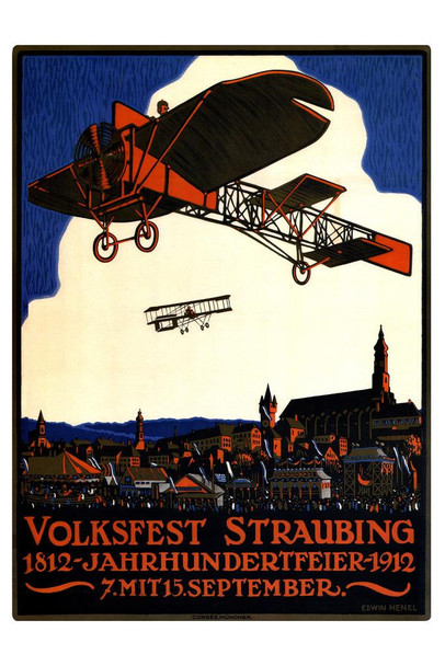 Laminated German Volksfest Straubing 1912 Airplane Biplane Vintage Illustration Travel Poster Dry Erase Wall Art 12x18