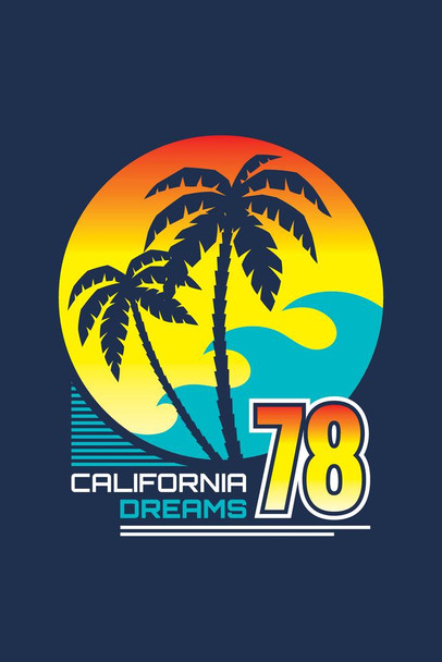 Laminated California Dreams Palm Tree Surf 1978 Vintage Illustration Poster 24x36 inch